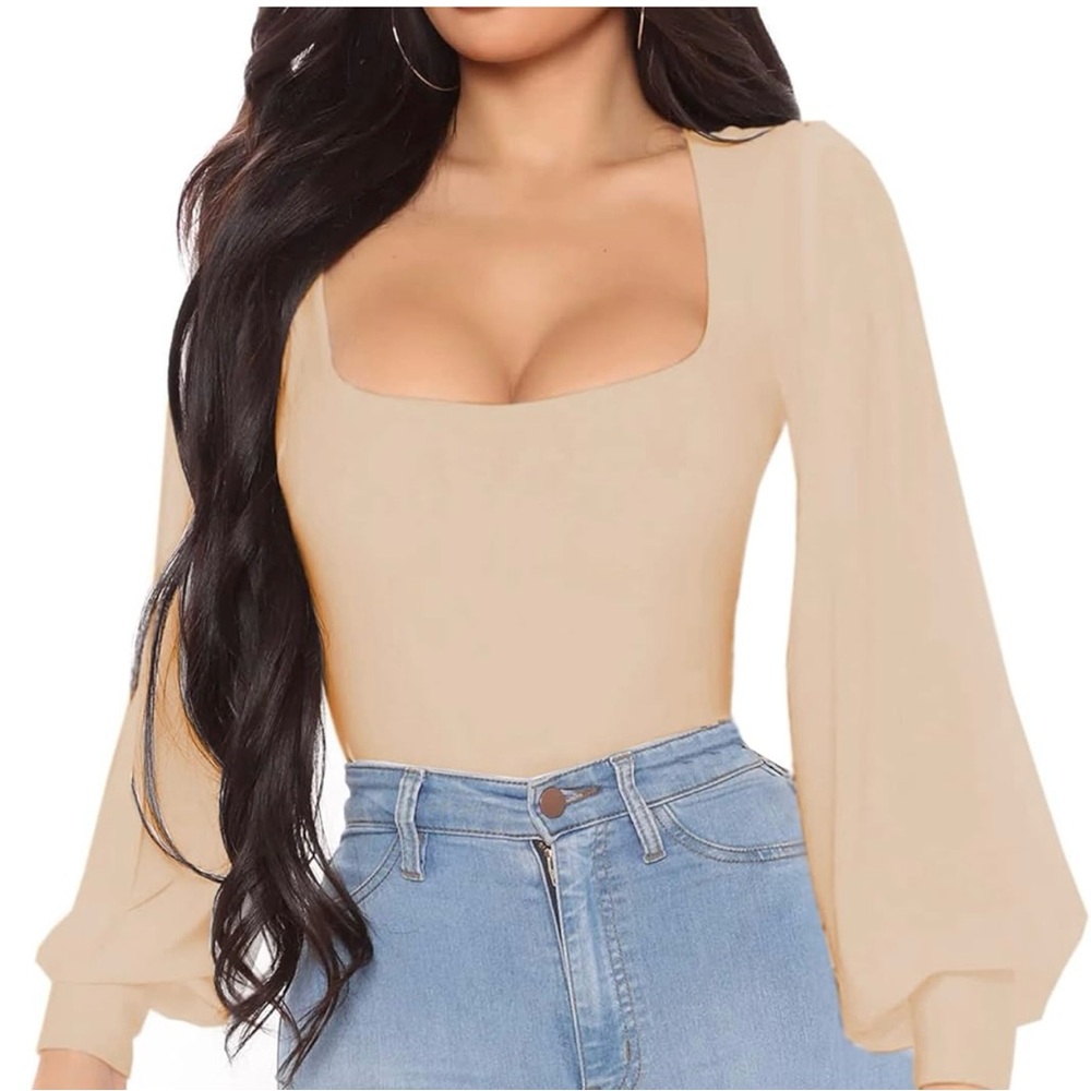 Square Neck Long Sleeve Tops Puffy Sleeve Solid Bodysuit
